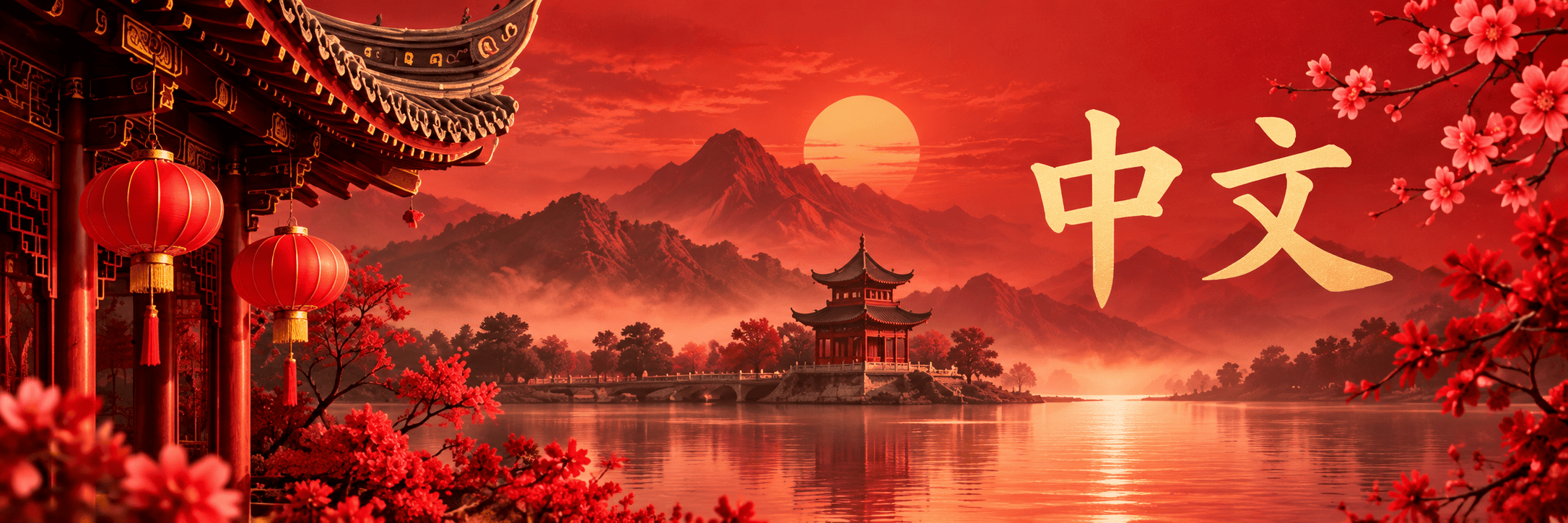 Paisaje inspirado en China con los caracteres 中文