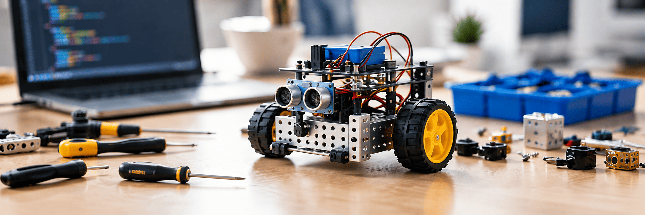 Robot educativo sobre una mesa de trabajo
